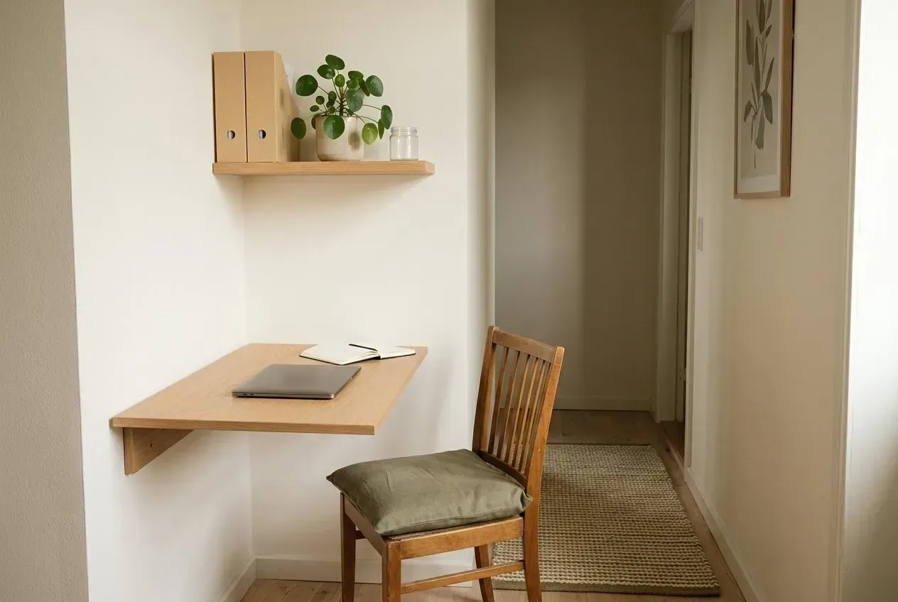 Schmaler Flur mit heller Holzplatte als Schreibplatz an der Wand, Laptop und Notizbuch darauf, darüber ein Wandbord (Symbolbild)