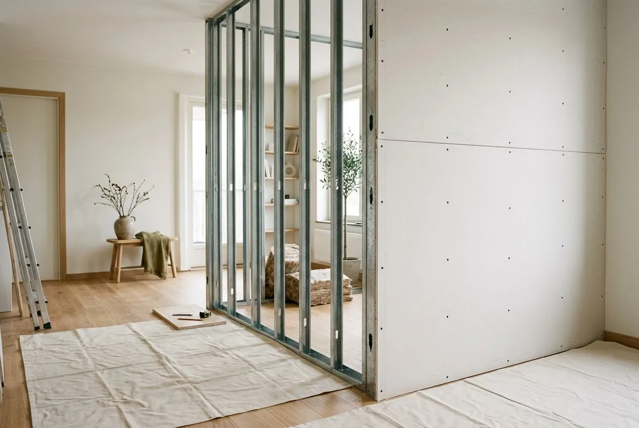 Symbolbild: halb fertige Trockenbauwand mit sichtbarem Metallständerwerk links und verschraubten Gipskartonplatten rechts