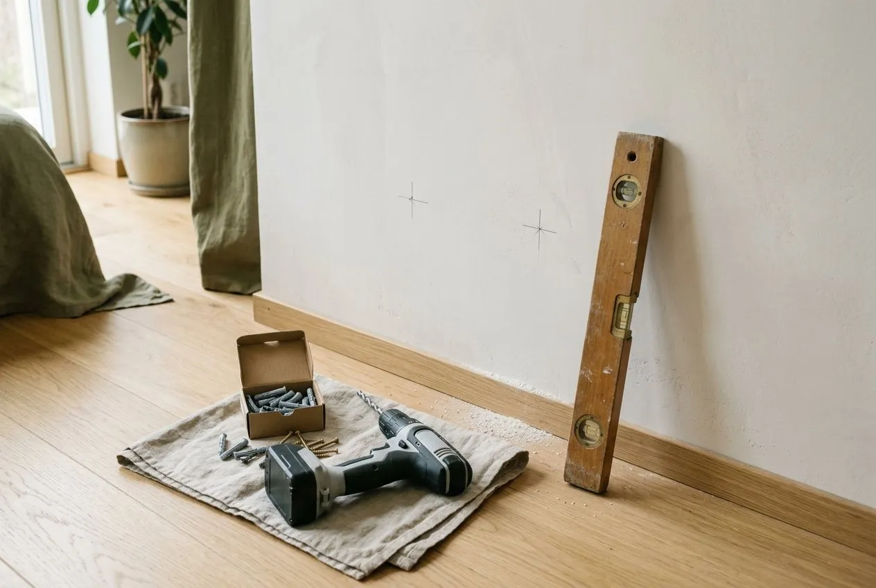 Symbolbild: weiße Wand mit zwei Bleistiftkreuzen, davor Akkuschrauber, Dübel und Schrauben, an der Wand lehnt eine Wasserwaage